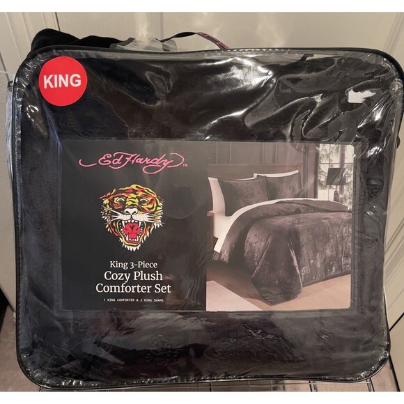Ed Hardy King 3 Piece Cozy Plush Comforter Set Black NEW - Picture 1 of 5